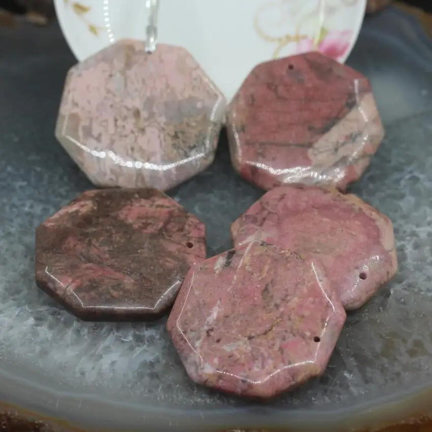 

New! 5pcs/lot Faceted Octagon Slab Pendants Rhodonite Jaspers,Top Drilled Natural Pink Stone Gems Slice Nugget Charms Jewelry