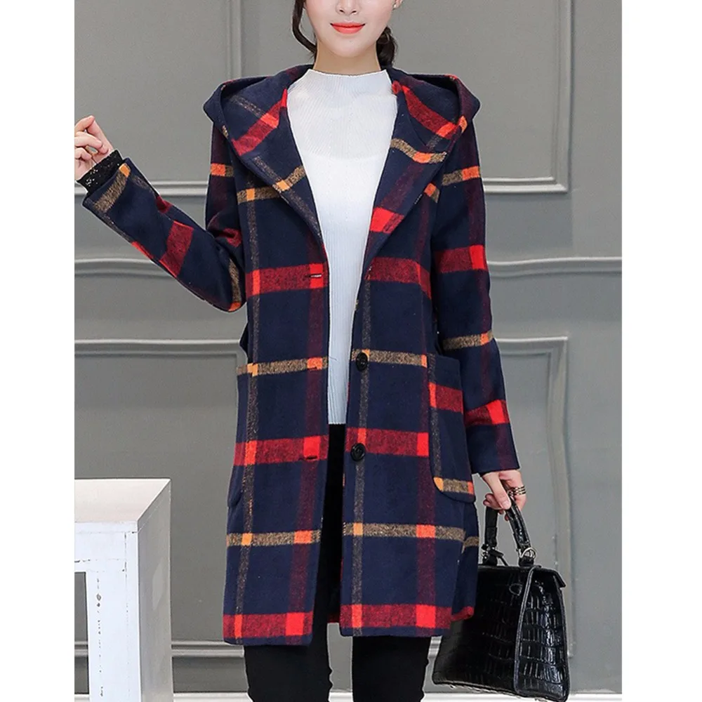 England Preppy style elegant women autumn winter fashion wool long coat plaid hooded warm casual loose femme wool&blends outwear