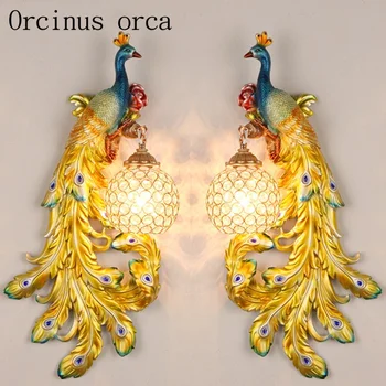 

European pastoral peacock crystal wall lamp living room background bedroom bedside French luxury modern creative wall lamp
