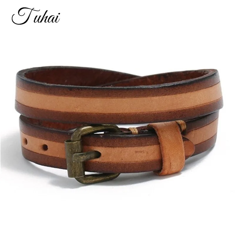 

Vintage Genuine Leather Wrap Double Layers Bracelet for Men Adjustable Punk Buckle Jewelry for Women Gifts