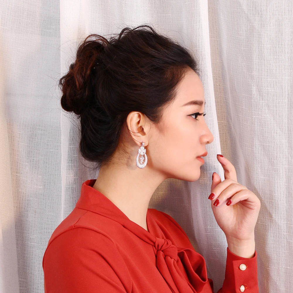 Beautiful flower drop earrings micro pave zirconia crystal aretes Jewelry luxury statement jewellery women elegant earring