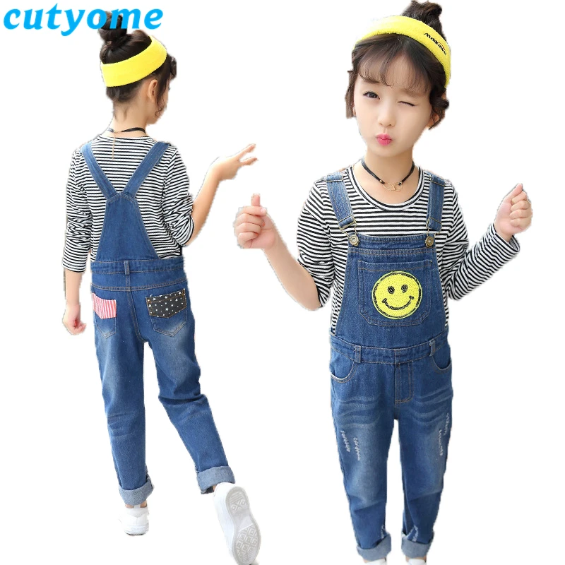 

Toddler Kids Girls Denim Overalls Trousers Spring Fashion Smile Pattern Children Jumpsuit Teen Girl Suspender Jeans Pant 12Years