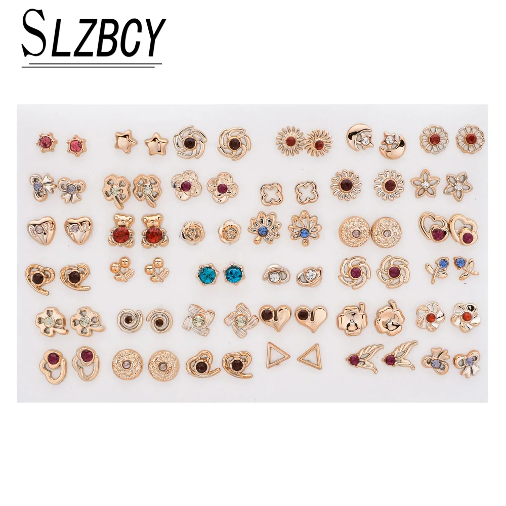 

SLZBCY Gold Silver Color Mix Model Crystal Stud Earrings Set for Flower Triangle Shaped Earring Girl Kid Jewelry 36 Pairs/Lot