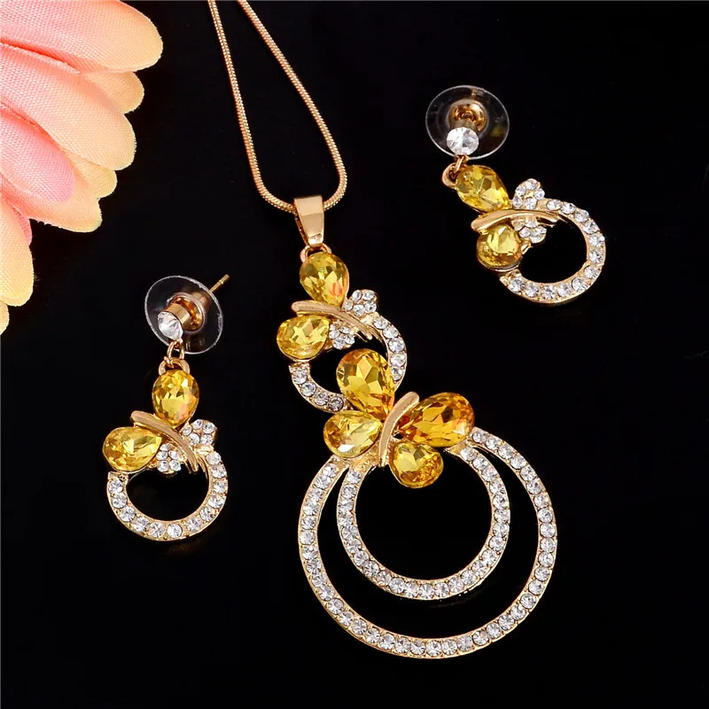 

Fashion Jewelry Set For Woman Gold Circle Butterfly Necklace Pendant Crystal Earrings Set Wedding Beads Jewelry Gift