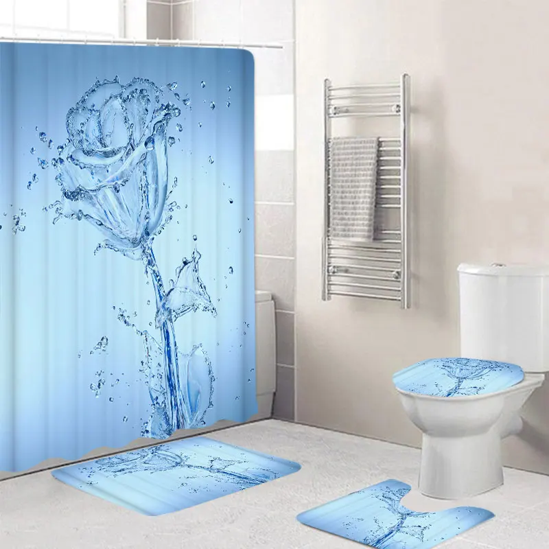 

3D Water Flower Waterproof Bathroom Shower Curtain Toilet Cover Mat Non-Slip Floor Mat Rug Toilet Seat Mat Floor Mat Rug Set