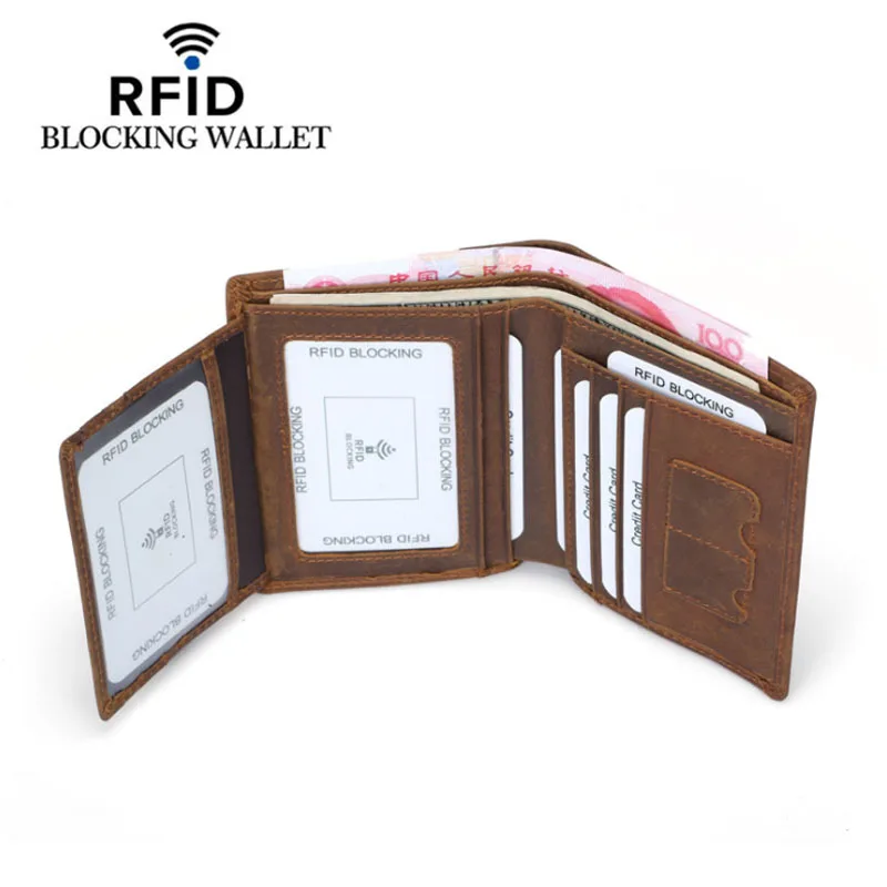 

Genuine Cowhide Leather Money Clip Wallet Men RFID Blocking Purse Crazy Horse Leather Short Wallets Trifold Clutch for Man FM101