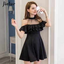 Jielur Elegant Off Shoulder Dress Summer S-XXL Korean Hipster Black White Vestido Mujer Sexy Slim Ruffle A Line Dresses Dropship