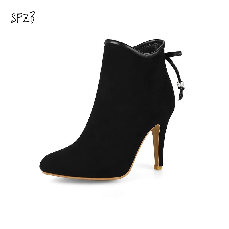

SFZB Women Ankle Boots Thin High Heel PU Leather Western Style Pointed Toe Spring and Autumn Ladies Boots Size 34-43