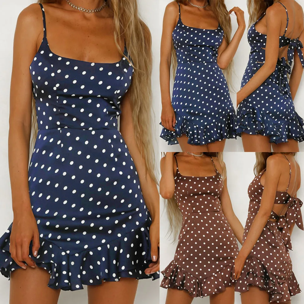 

2019 Summer Dress Sexy Dot Printing Sleeveless Dresses Casual Backless Bow Spaghetti Mini Female Beach dresses