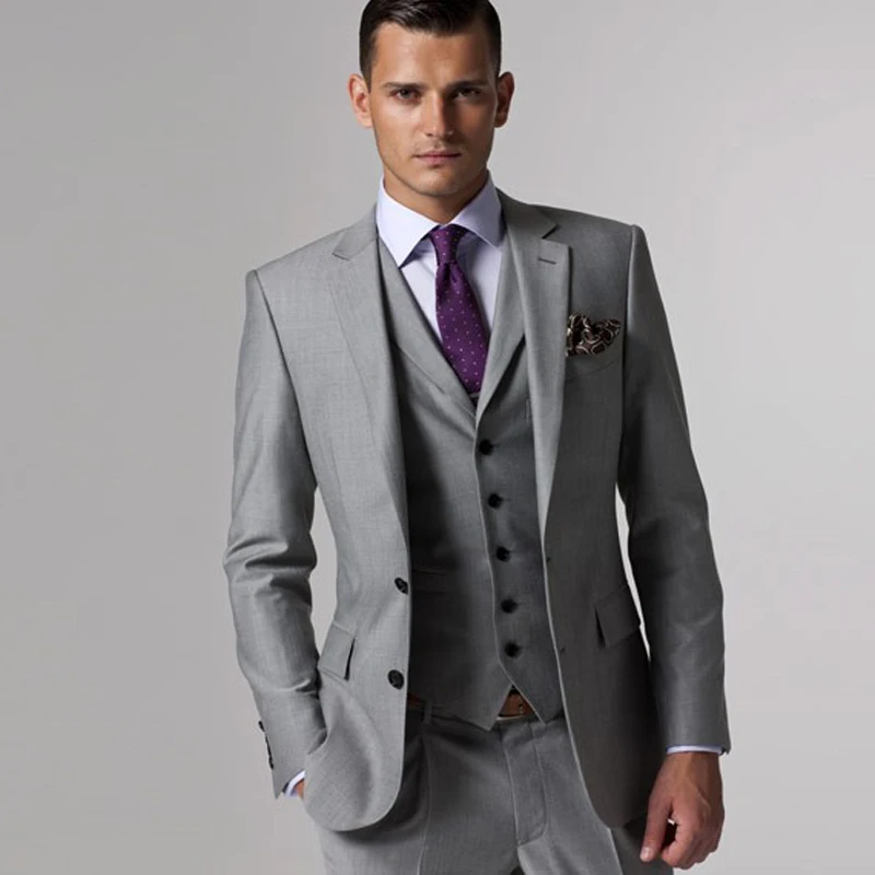 Gris trajes de hombres de negocios con muescas solapa 3 piezas Formal para padrinos de boda esmoquin para baile de moda masculina conjunto chaqueta pantalones chaleco