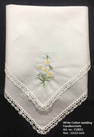 

Set of 12 Fashion Wedding Handkerchiefs White Cotton Hankies with Lace Edged and Color embroidered Floral Hanky For Bride Gifts