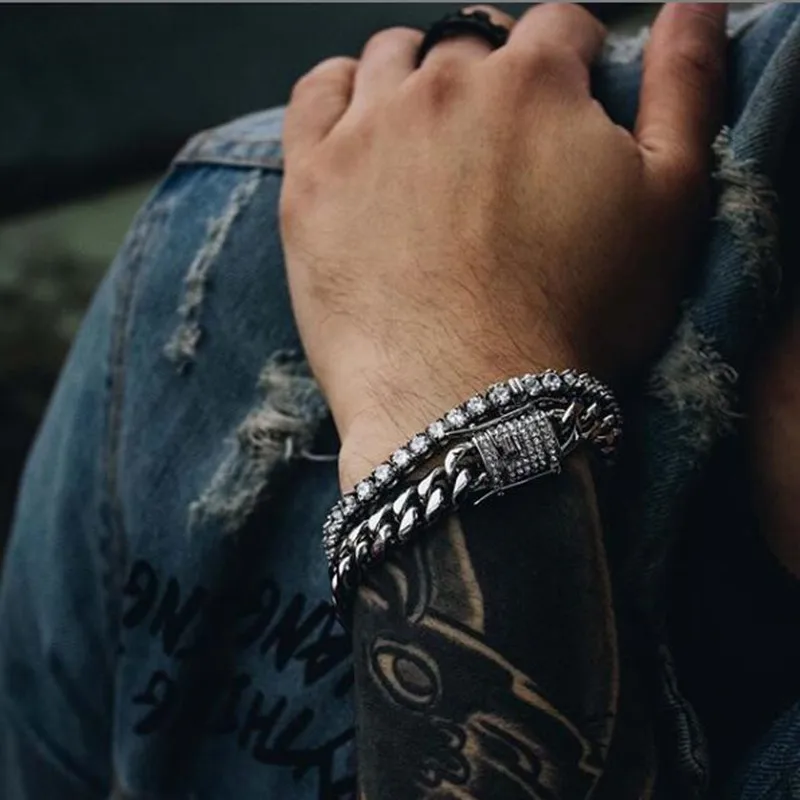 

Hip Hop 2pcs/set Miami Chain Mens Rock Bracelet Bling Iced Out Rhinestone Clasp Silver Color Stainless Steel Cuban Chain Jewelry