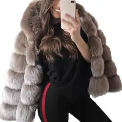 Оптовая продажа плюс размеры одноцветное цвет зима для женщин утолщаются искусственный мех пальто с капюшоном свободные верхняя одежда