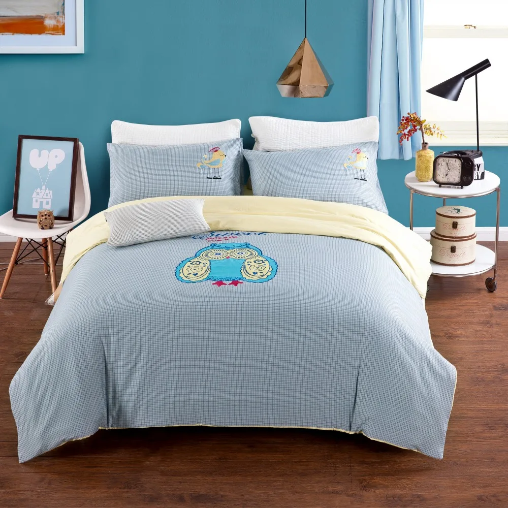 Cotton 4pcs Bedding Set Queen Size Light Blue Owl