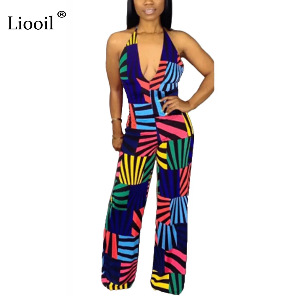 Liooil Backless Sexy Halter Jumpsuit Clubwear Stripe Rompers For Women 2019 Fashion Nova V Neck Party Jumpsuits Bodycon Overalls