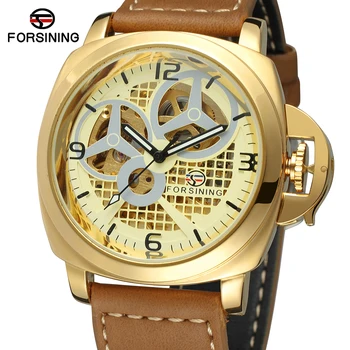 

Fashion Forsining Top Brand Luxury Gold Skeleton Mechanical Clock Men Genuine Leather Brown Business Automatic Army Sports Watch
