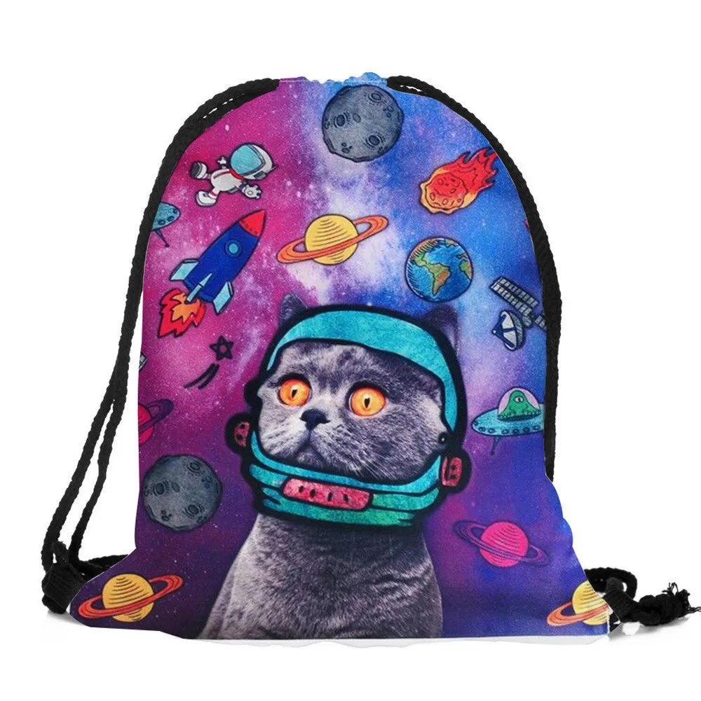 

3D Cat Printed Drawstring Bag Unisex Fashion Polyester Cotton Fabric Character Flap Shoulder Bags Mochila Feminina