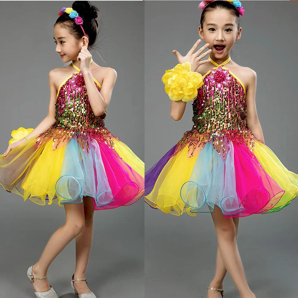 

Girls Color Sequined Competition Ballroom Jazz Hip Hop Dance Costumes Fancy dress Kids performance Dancing dress Outfits Suits
