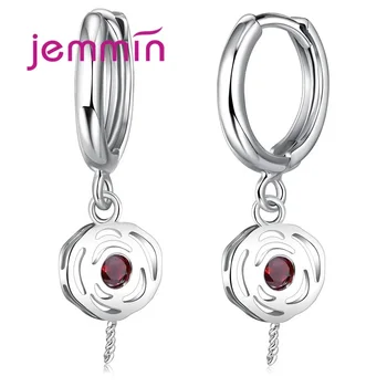 

925 Sterling Silver Accessories Created Rose Shaped Red Cubic CZ Hoop Earrings For Women DIY Fine Jewelry.