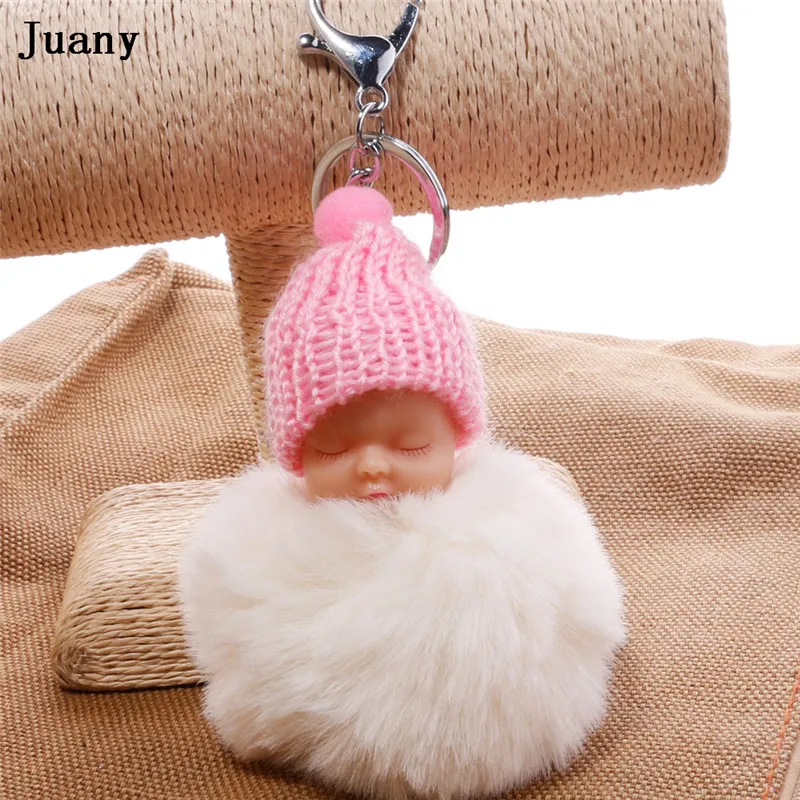 pompom key chain sleeping baby doll key chain pompom rabbit fur ball keychain car keyring women bag car pendant charm 5