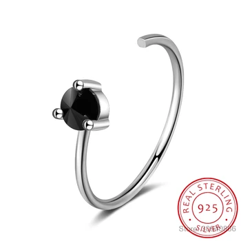 

Real 925 Sterling Silver Rings for Women with Stones Black CZ Zircon Geometric Open Adjustable Ring silver 925 jewelry