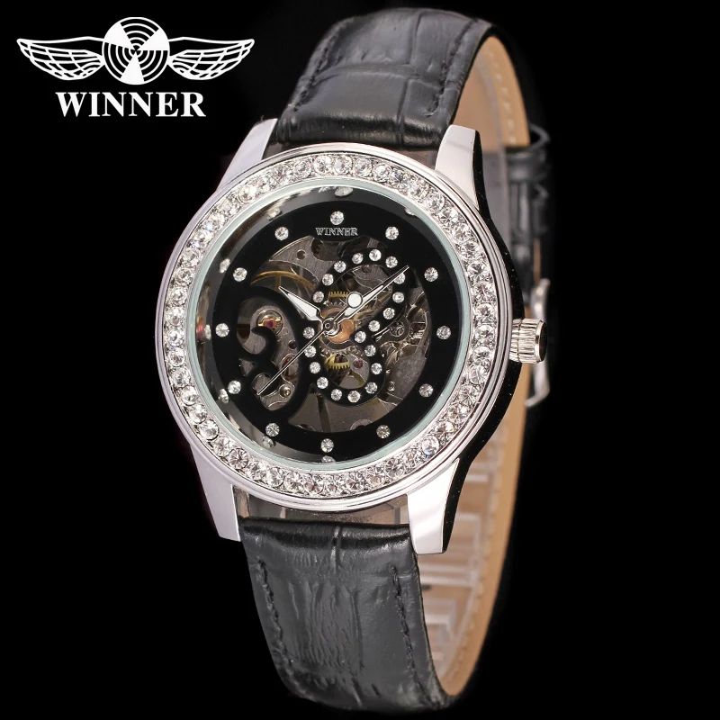 

LADIES BEAUTIFUL MECHANICAL LEATHER STRAP SKELETON WATCH SHIPPING FREE WITH CLEAR STONES BLACK