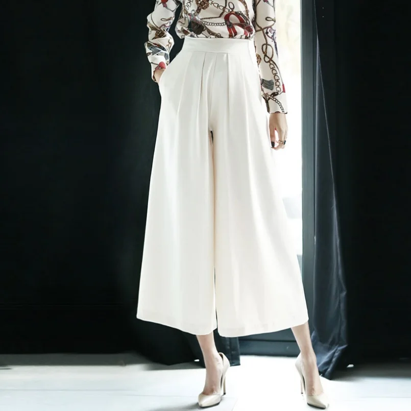 2017 Fashion Women White Wide Leg Pants Mid Waist Calf Length Loose