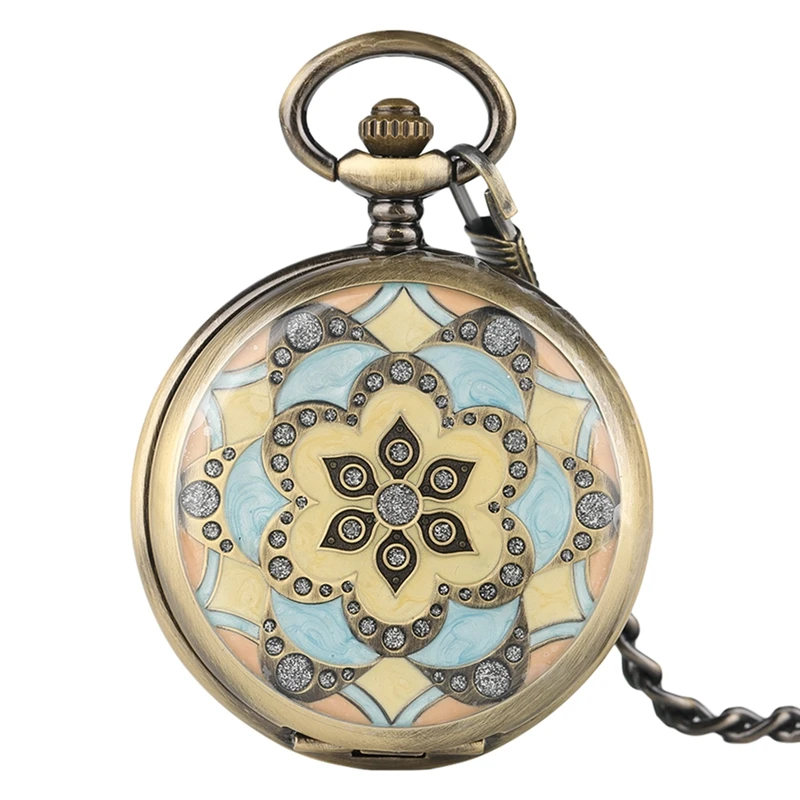 Relógio de Bolso Vento com 30cm Steampunk Cristal Flor Mecânico Esqueleto Números Romanos Cooper Vintage Hnad Relógios Chian