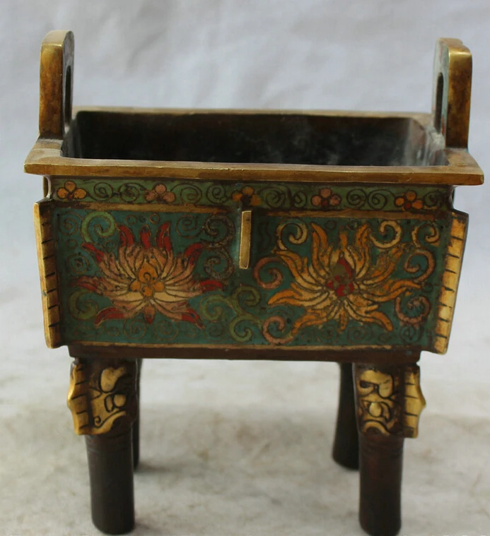 

S2285 8" China Dynasty Cloisonne Bronze Gild 4 Foot Incense Burner Censer Square Ding D0318