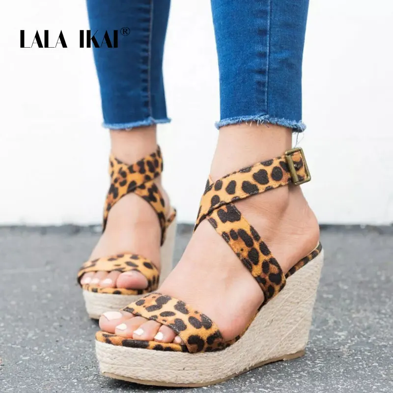 

LALA IKAI Leopard Wedge Sandals Summer Peep Toe Flock Buckle Strap Platform Sandals High Heels Shoes Female 014C3432-45