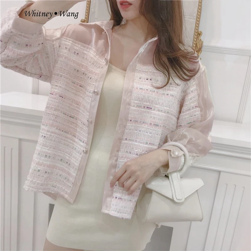 

WHITNEY WANG 2019 Spring Summer Fashion Streetwear Metallic Satin Patchwork Tweed Blouse Women blusas Shirt Tops