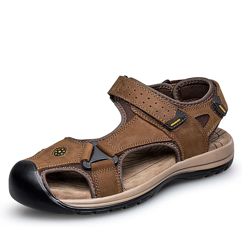 ROXDIA/мужские сандалии из натуральной кожи; Летняя обувь из коровьей кожи; Новинка для пляжа; Мужская обувь; мужские сандалии-гладиаторы; размеры 39-46; RXM048 - Цвет: Brown sandals