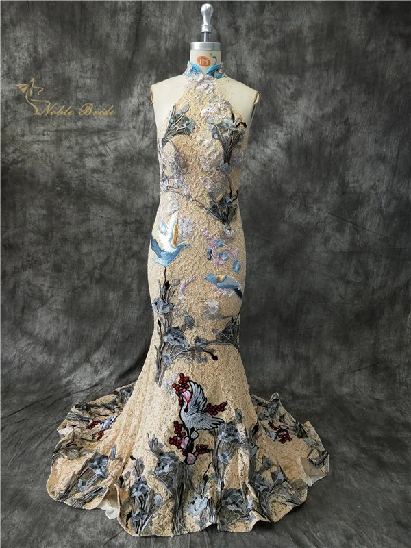 

Arabic Champagne Mermaid Evening Dress 2019 Elegant High Neck Embroidery Pattern Long Formal Party Dresses Special Occasion Wear