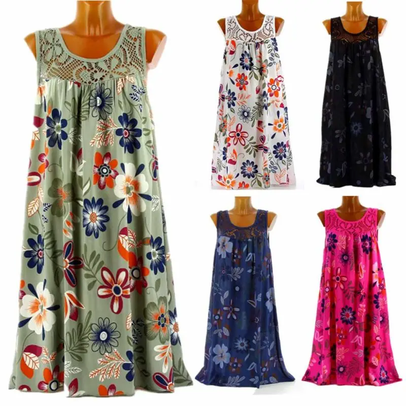 

Plus Size Women Round Neck Dress Sleeveless Floral Lace Dress Summer Beach Holiday Italian Midi Dress S-5XL