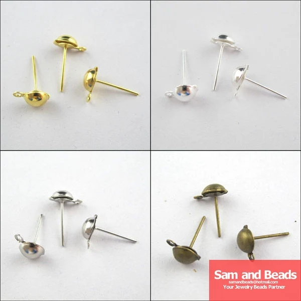 

Top quality!200Pcs Half Ball Stud Earring Posts Earwire Jewelry 8x13mm Gold Silver Bronze For Jewelry Making Craft DIY EF006