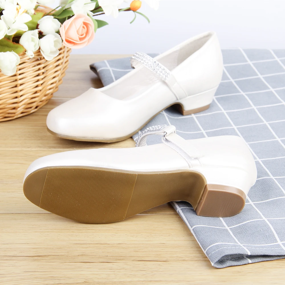 Princess Kids Genuine Leather Shoes For Girls Crystal Casual Glitter Children 2.5cm Low Heel Girls White Party Shoes Fletiter