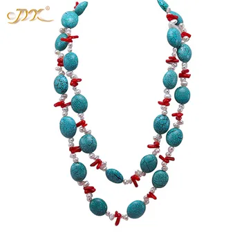 

JYX Fine Turquoise necklace 22mm Blue Round Turquoise and Red Coral Sticks Necklace long 49" with coral and pearls