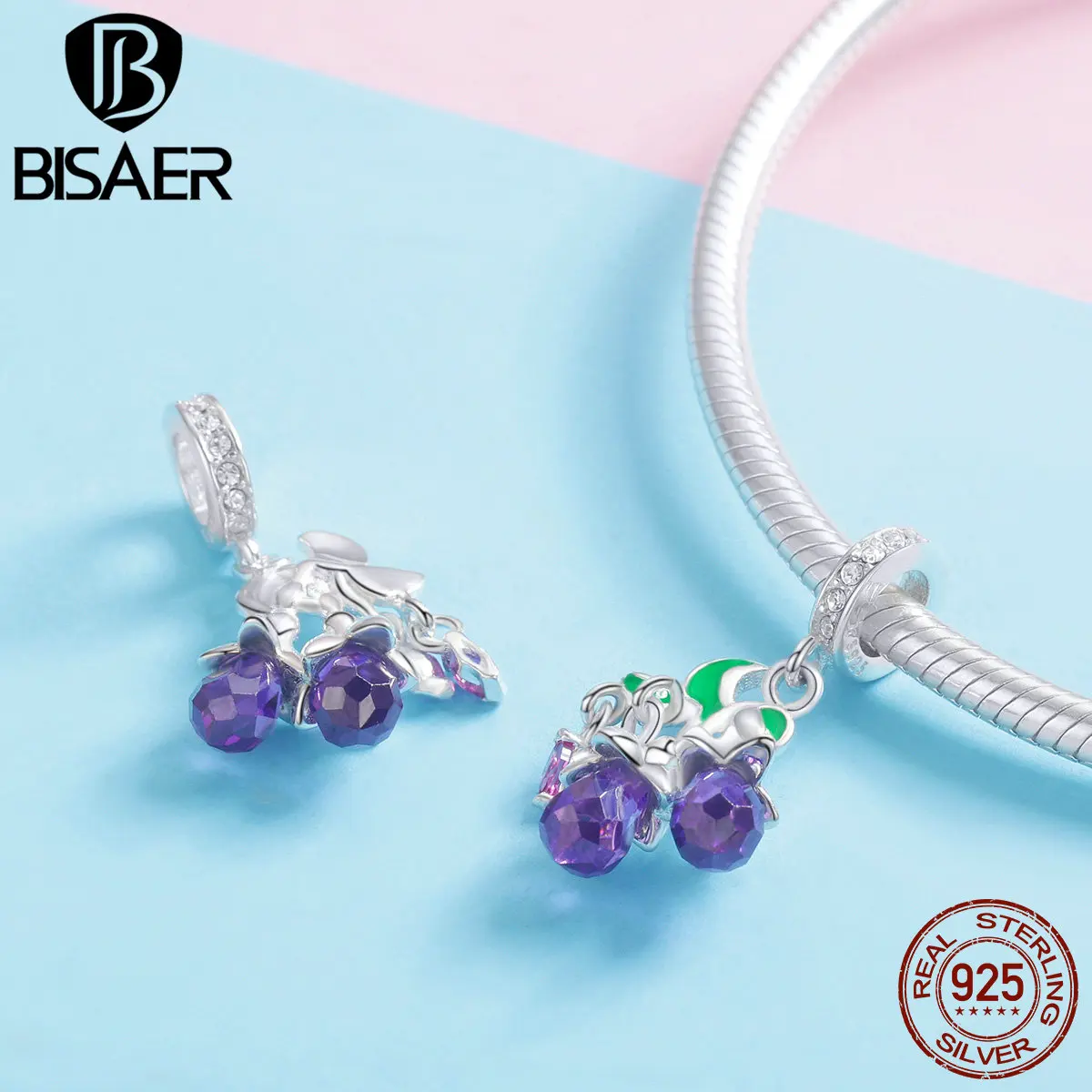 

BISAER 925 Sterling Silver Purple Eggplant Plant Vegetable Pendant Charms fit for Women Charm Bracelet and Necklace GXC1019