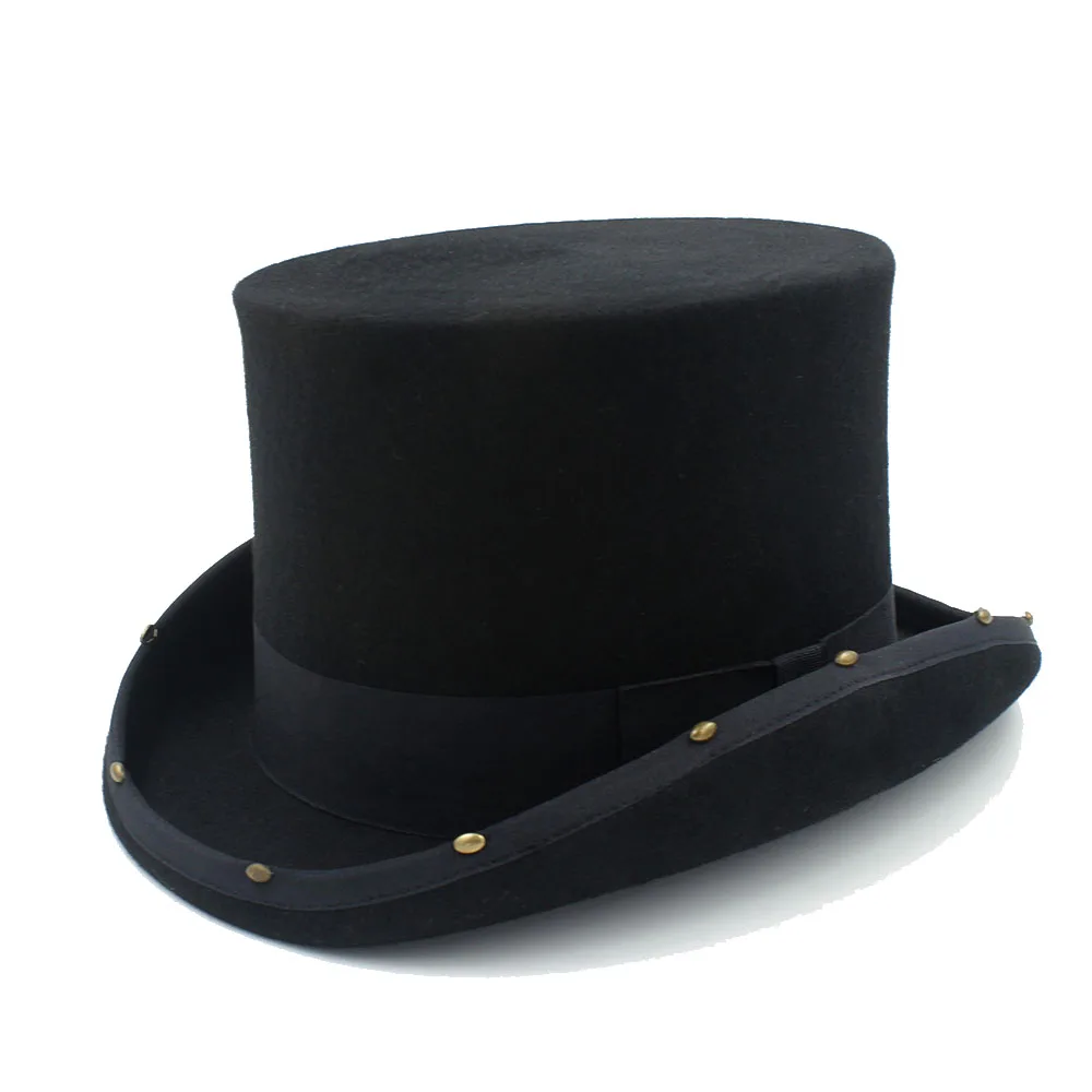 

13.5CM Top Hat Steampunk Hat handmade rivet Vintage women men Traditional Wool Fedoras Hat