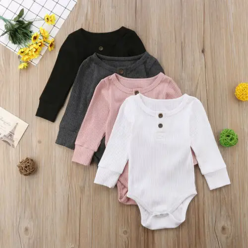 

Newborn Boy Girls Knit Baby Clothes Jumpsuit Long Sleeve White Black Grey Pink Bodysuit Playsuit Outfits