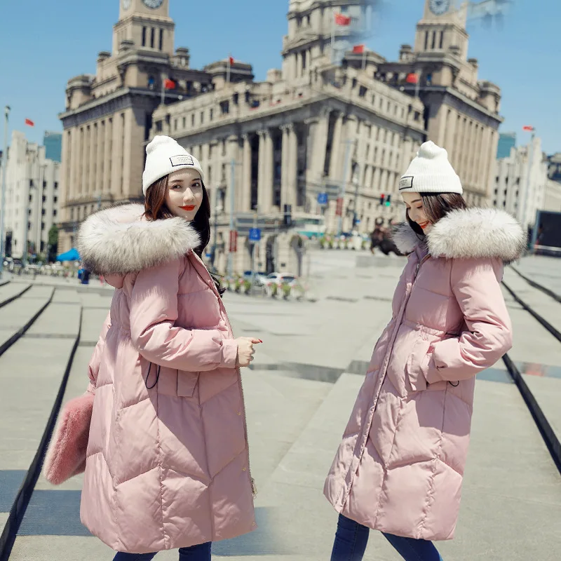 Pink Новинка, горячее предложение, женский зимний пуховик, свободный однотонный пуховик, женское утепленное пальто с капюшоном и меховым воротником, модная теплая верхняя одежда CW077 - Цвет: Pink