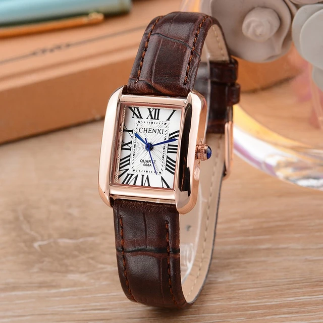 CHENXI women leather quartz watch Roman numerals small Rectangle