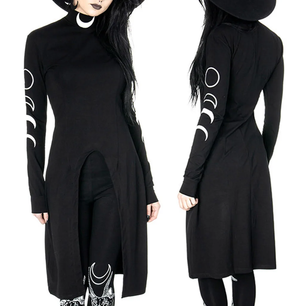 

2019 New Arrivals Summer Dress Women Black Street Gothic Style Punk Moon Print Long Sleeve Irregular Hem Dresses Vestidos &40