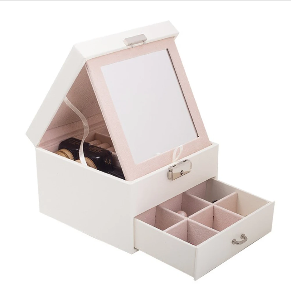 

Creative Two-Layer Jewellery Box Pu Leather Jewellery Organizer Large Mirror For Girls Earring Ring Necklace Bracelet With Lock