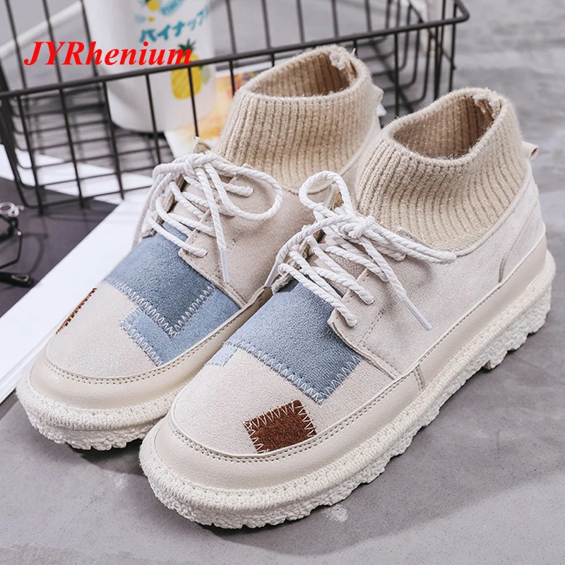 

JYRhenium 2018 New Autumn Winter Plus Size Women Ankle Boots Flat Heel Patchwork Color Women's Boots Woman Female Socks Boots