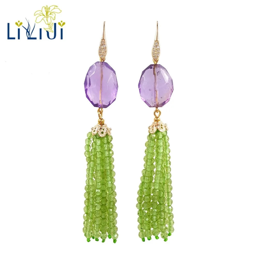 

LiiJi Unique Natural Real Tiny Peridots Amethysts Beads 925 Sterling Silver Gold Color Shining Earring for Women Jewelry