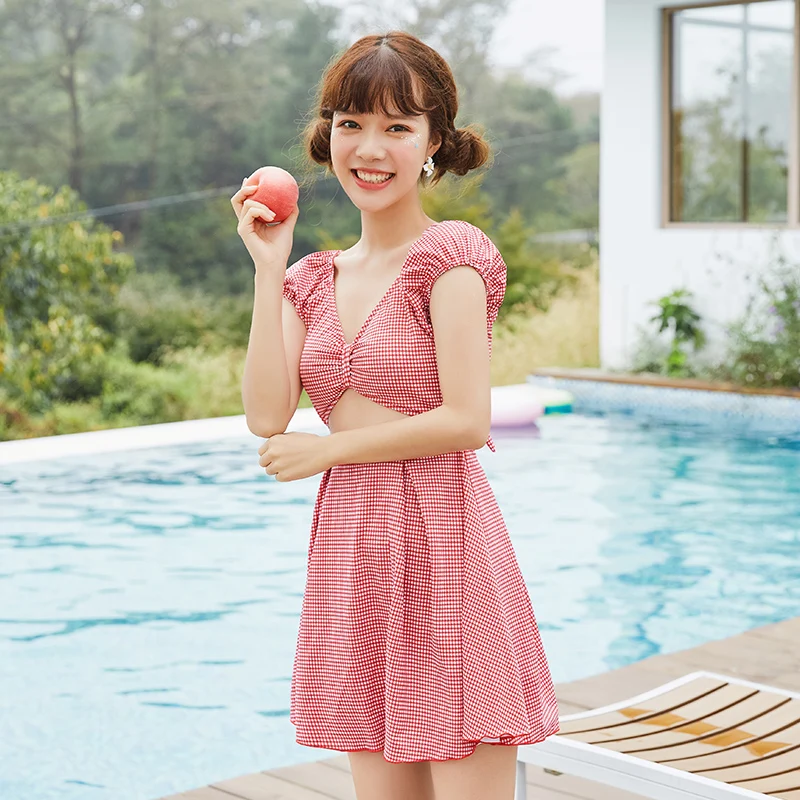 

New High Quality Plaid One piece swimsuit 2019 Sexy Pleated Skirt Swimwear Young girl women bathing suits Holiday beach