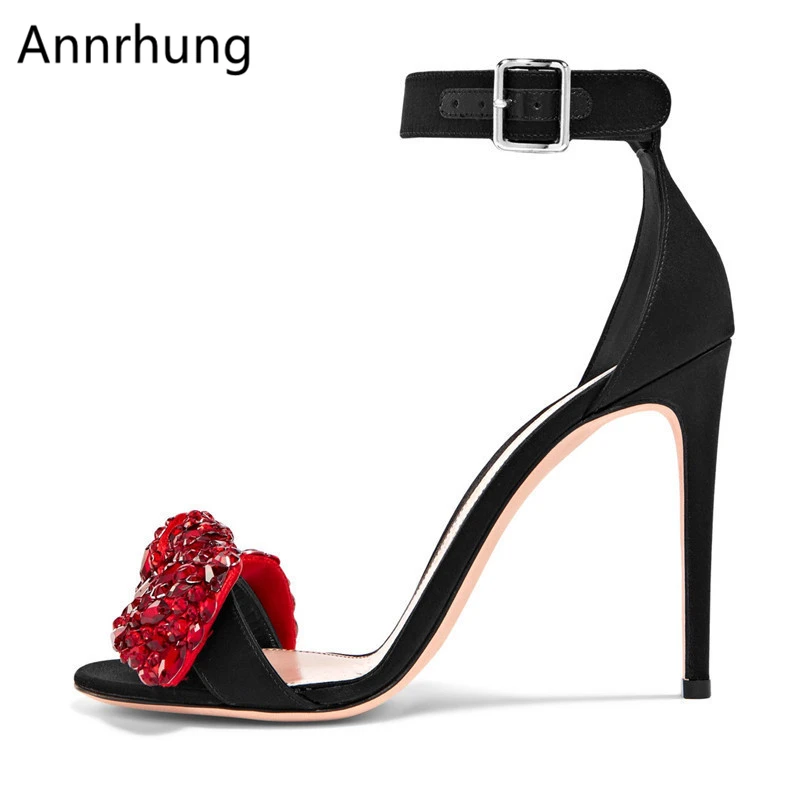 

Crystal Butterfly-knot Gladiator Sandals Women Sexy Open Toe One-Strap High Heels Red Rhinestone Bowknot Suede Sandalias Women