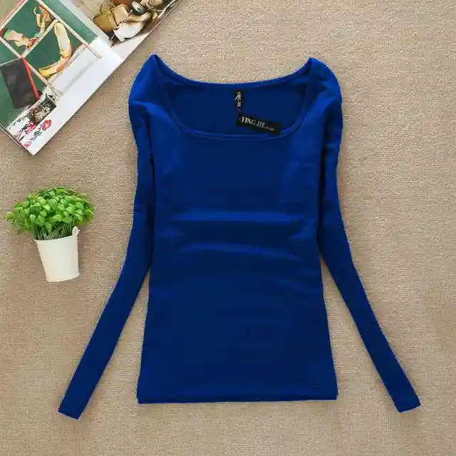 New 2017 winter T Shirt Women Long Sleeve spring Tops & tees square collar basic T-shirt casual candy color blue