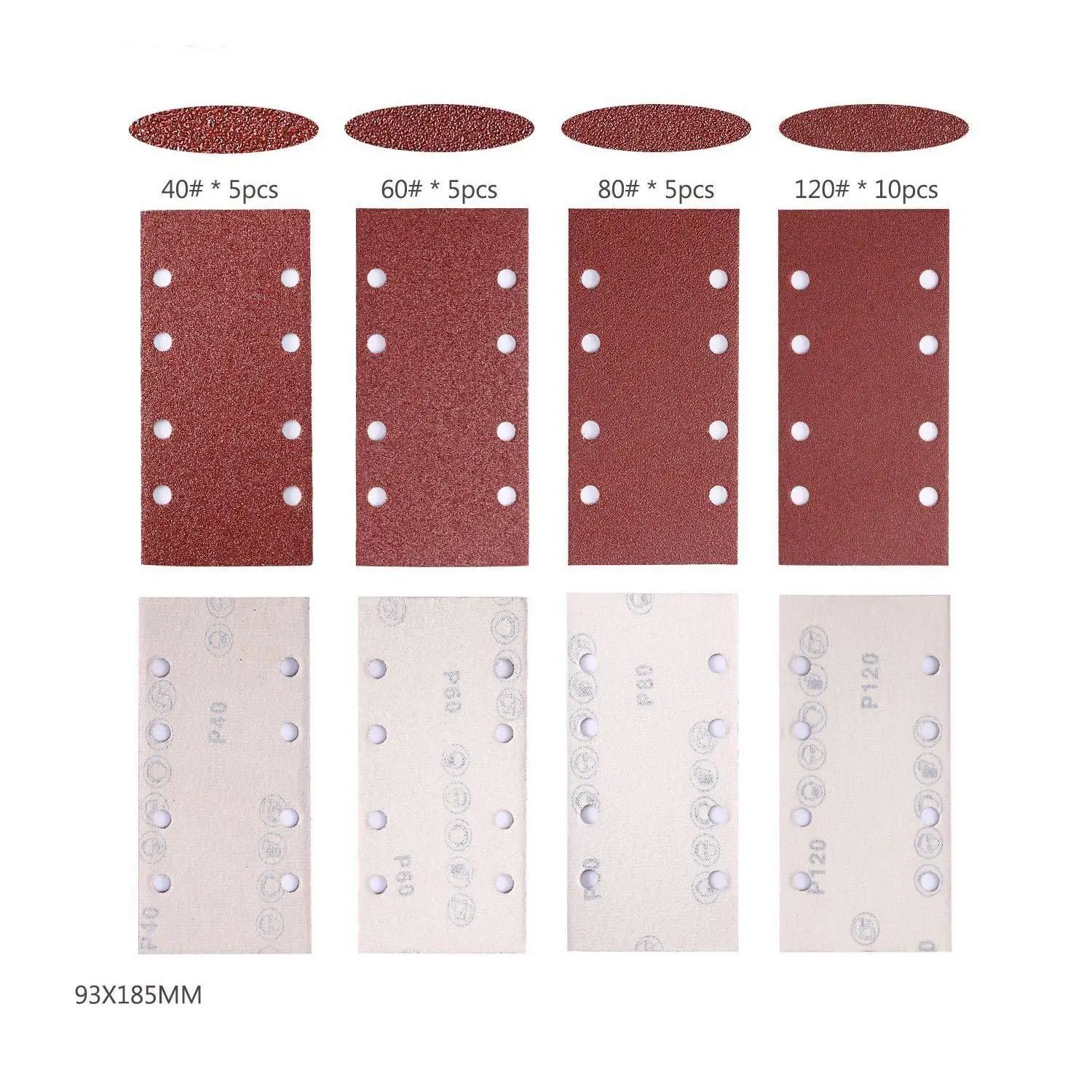 25 шт. шлифовальные колодки, шлифовка, Бумага крюк и петля песка лист 93x185 мм с перфорацией; обувь со шнуровкой 8 отверстий зернистость-40/60/80/120 Fit Лист ручная плоскошлифовальная машина
